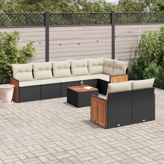 9-delige Loungeset met kussens poly rattan zwart 1 Zwart en crème