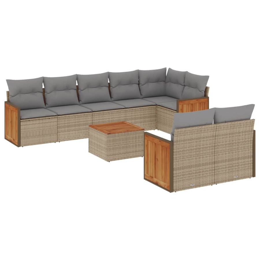 9-delige Loungeset met kussens poly rattan beige Beige en grijs Met tafel