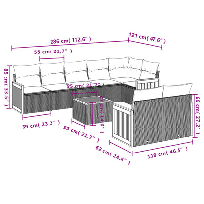 9-delige Loungeset met kussens poly rattan grijs 1 Grijs