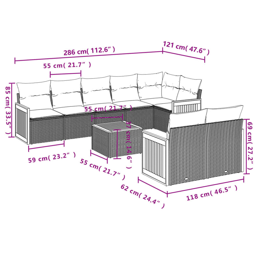 9-delige Loungeset met kussens poly rattan grijs 1 Grijs