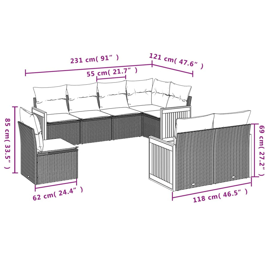 8-delige Loungeset met kussens poly rattan grijs Grijs Zonder tafel