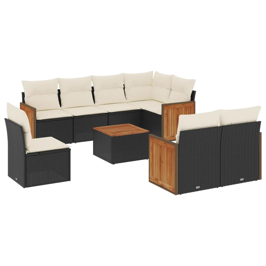 9-delige Loungeset met kussens poly rattan zwart Zwart en crème Met tafel