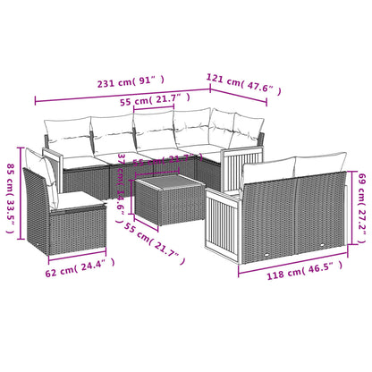 9-delige Loungeset met kussens poly rattan zwart Zwart en crème Met tafel