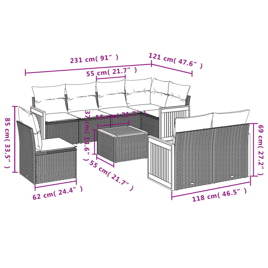 9-delige Loungeset met kussens poly rattan zwart Zwart en crème Met tafel