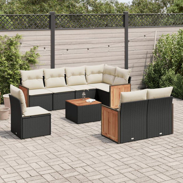 9-delige Loungeset met kussens poly rattan zwart Zwart en crème Met tafel