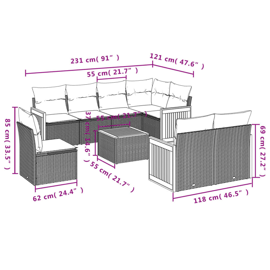 9-delige Loungeset met kussens poly rattan beige beige and cream Met tafel