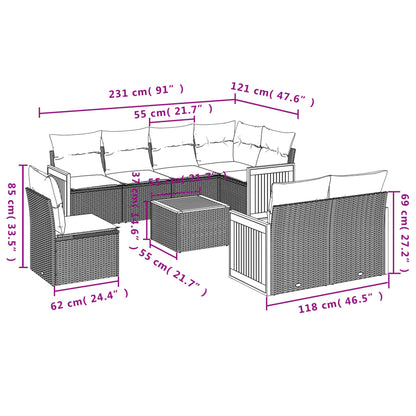 9-delige Loungeset met kussens poly rattan grijs 1 Grijs