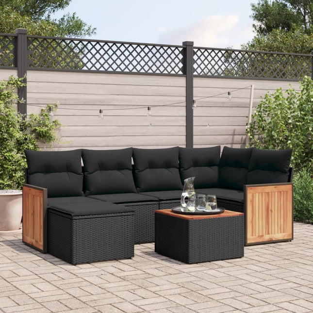 7-Delige Loungeset Met Kussens Poly Rattan Zwart Met tafel