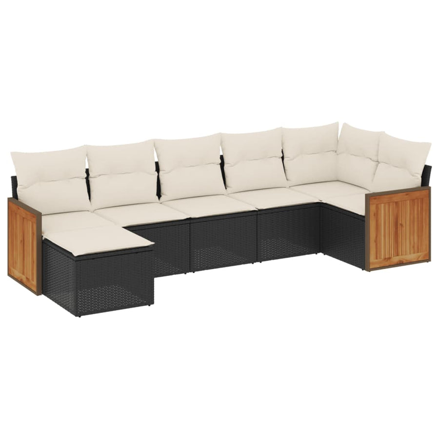 7-delige Loungeset met kussens poly rattan zwart Zwart en crème Zonder tafel