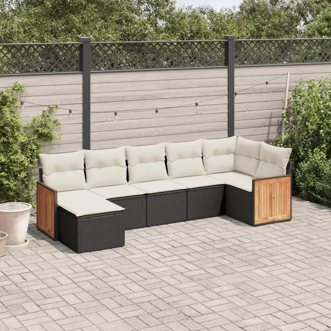 7-delige Loungeset met kussens poly rattan zwart Zwart en crème Zonder tafel