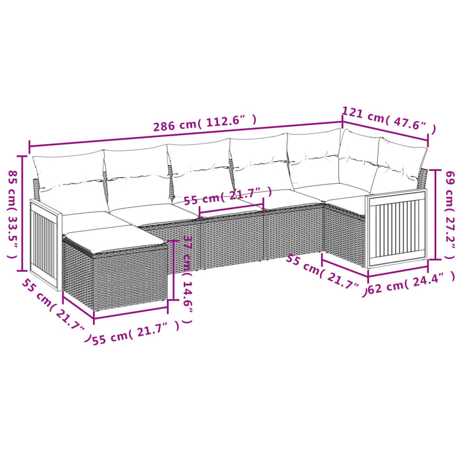 7-delige Loungeset met kussens poly rattan beige beige and cream Zonder tafel