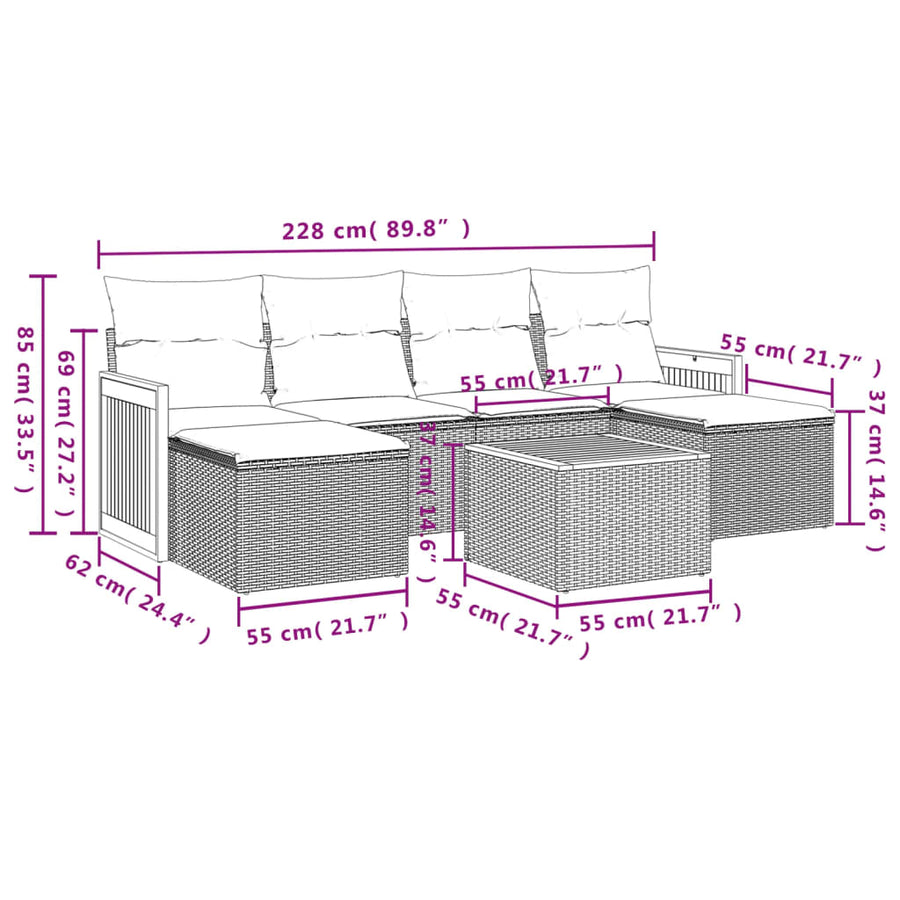 7-Delige Loungeset Met Kussens Poly Rattan Beige