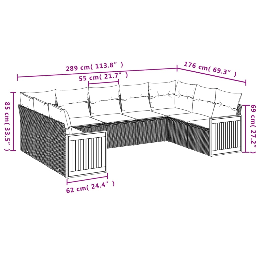 9-Delige Loungeset Met Kussens Poly Rattan Grijs