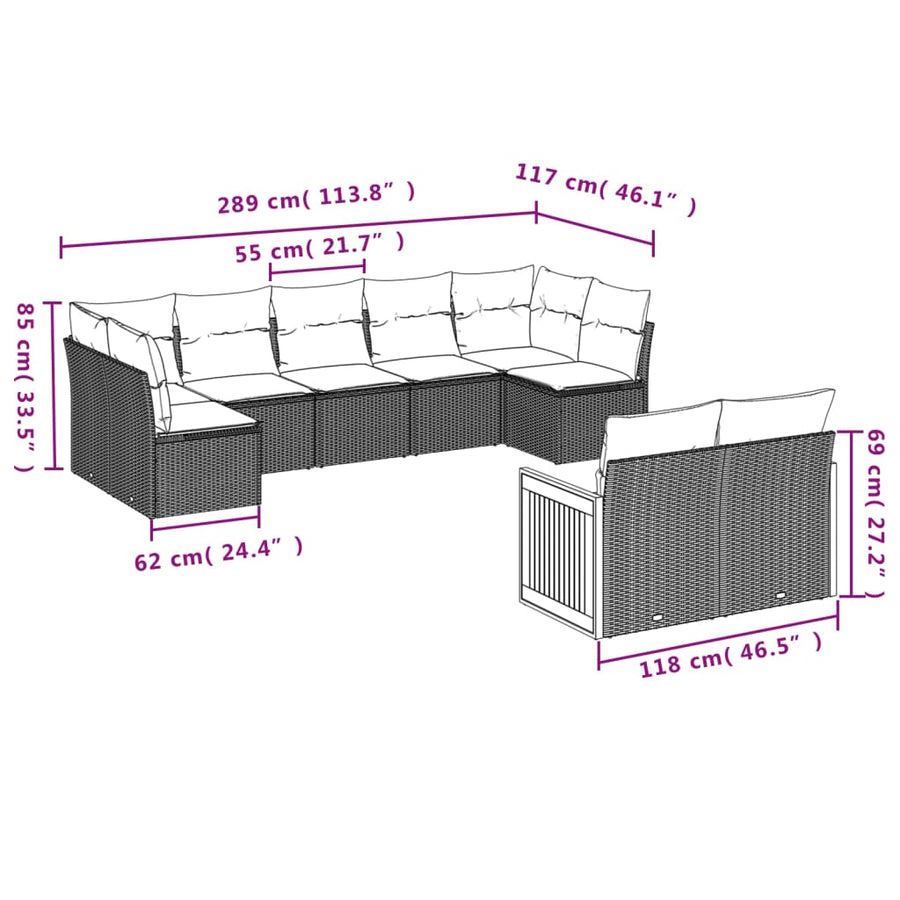 9-Delige Loungeset Met Kussens Poly Rattan Grijs