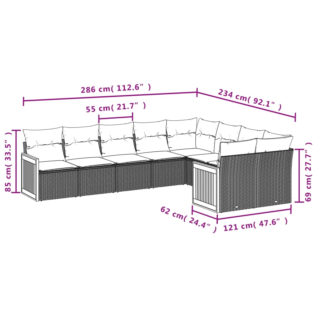 9-Delige Loungeset Met Kussens Poly Rattan Grijs