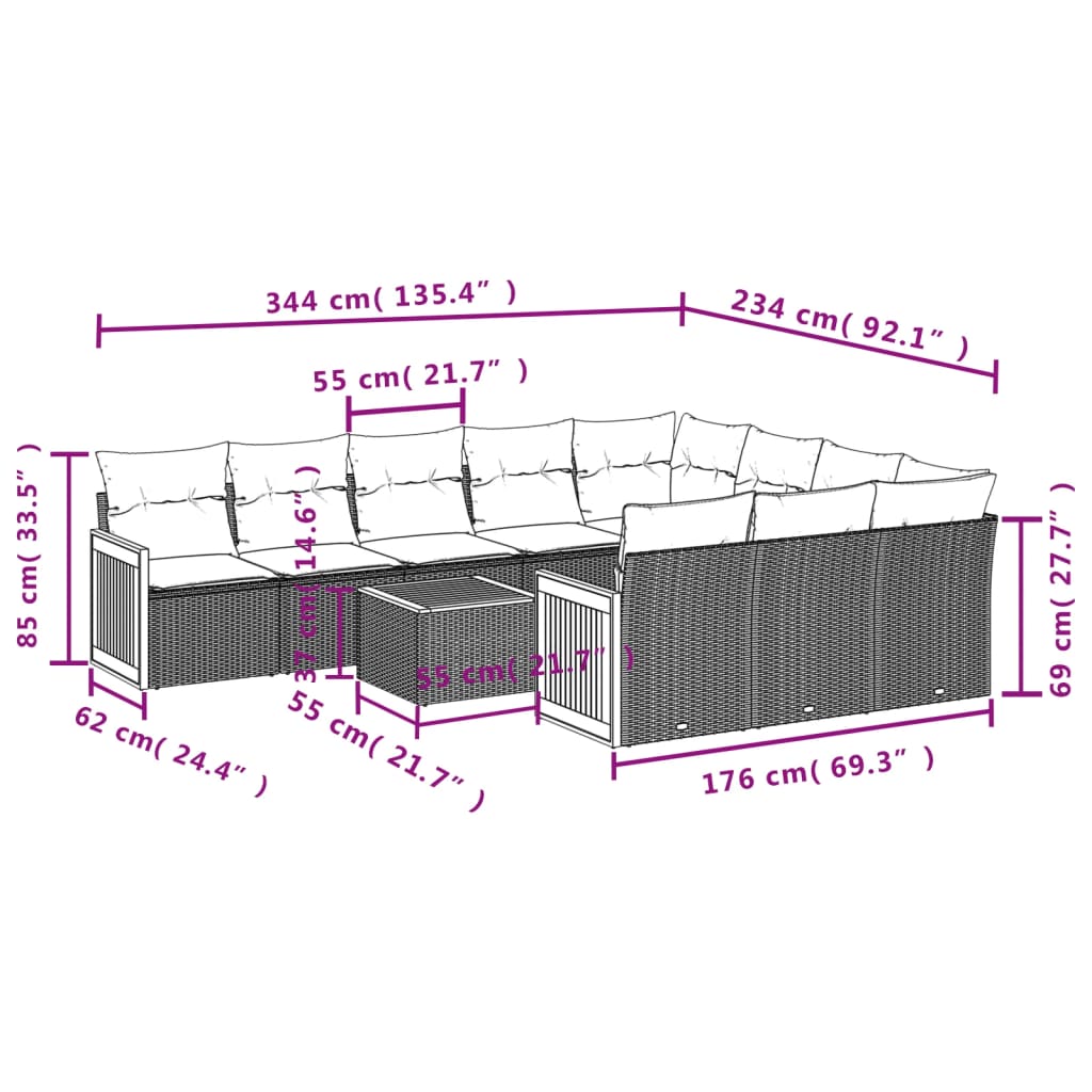 11-Delige Loungeset Met Kussens Poly Rattan Zwart