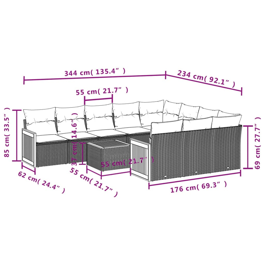 11-delige Loungeset met kussens poly rattan grijs