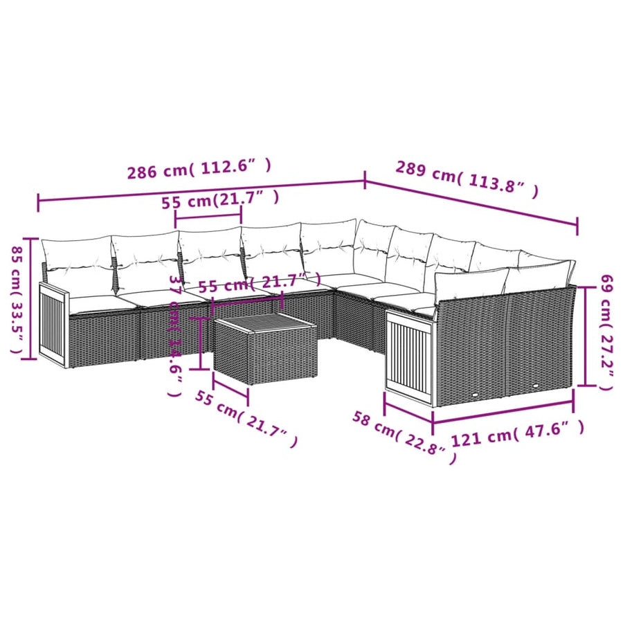 11-Delige Tuinset Met Kussens Poly Rattan Beige