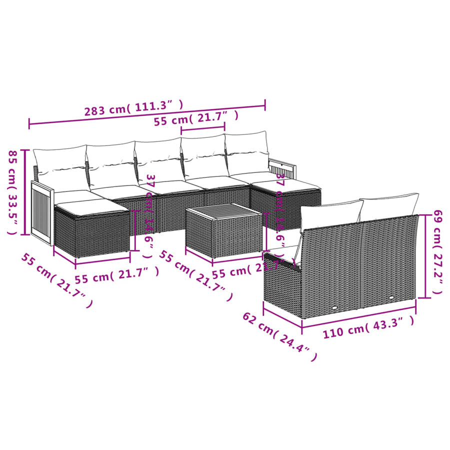 10-Delige Loungeset Met Kussens Poly Rattan Beige