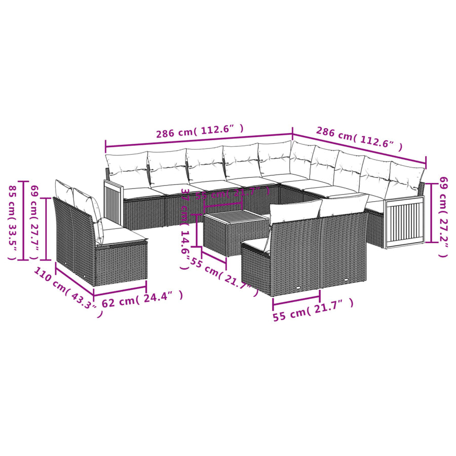 14-Delige Loungeset Met Kussens Poly Rattan Beige