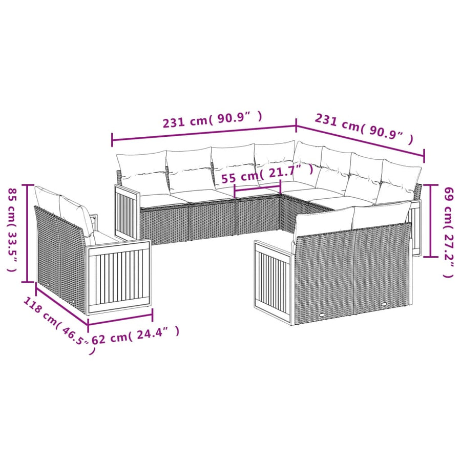 11-Delige Loungeset Met Kussens Poly Rattan Zwart