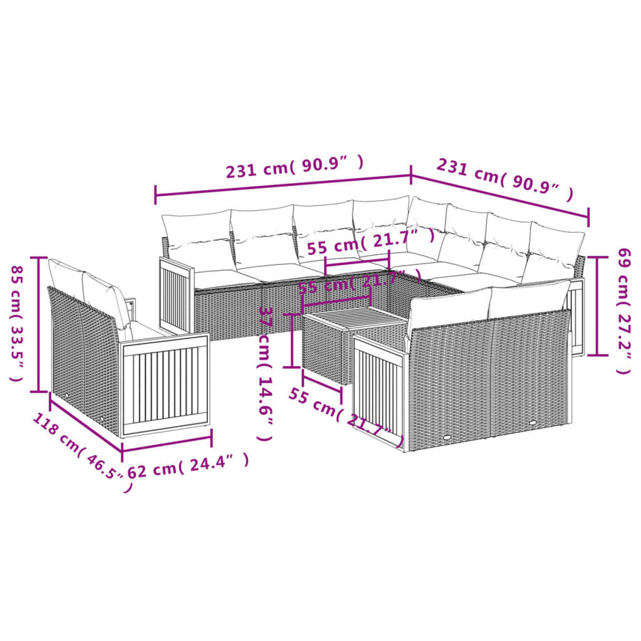 12-Delige Loungeset Met Kussens Poly Rattan Beige