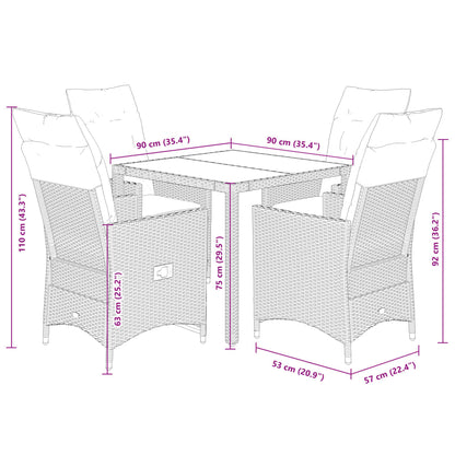5-delige Tuinset met kussens poly rattan zwart