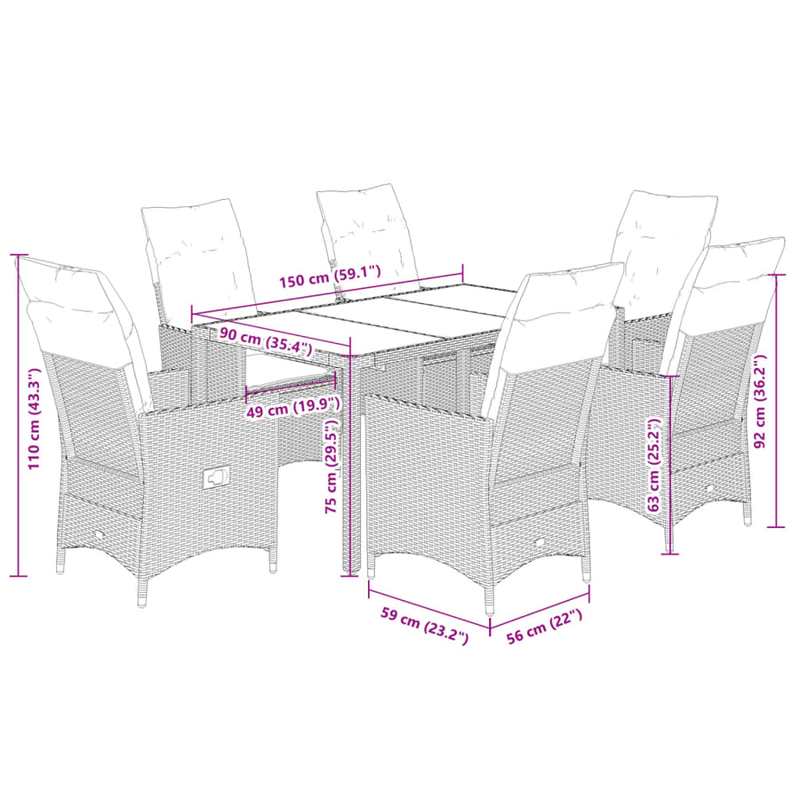 Tuinset Met Kussens Poly Rattan Zwart 7 150 x 90 x 75 cm