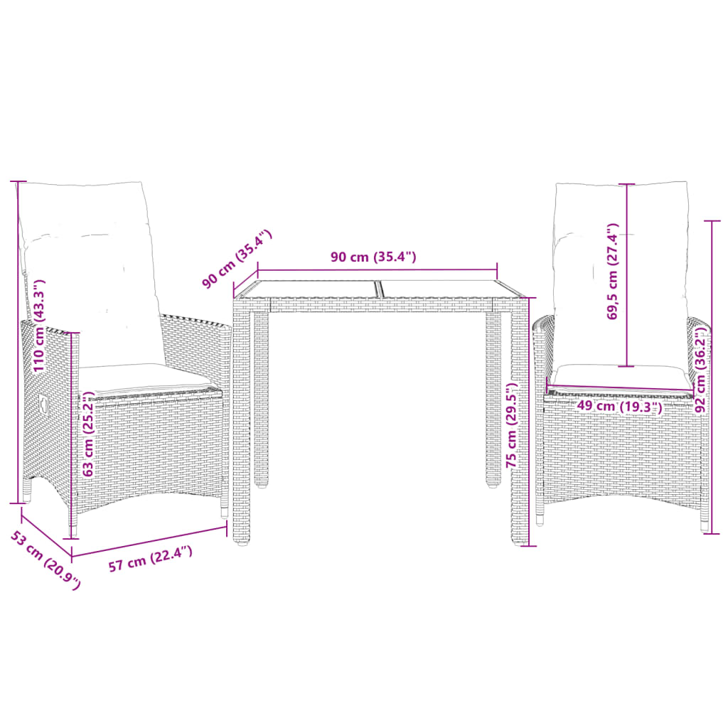 3-delige Bistroset met kussens poly rattan grijs