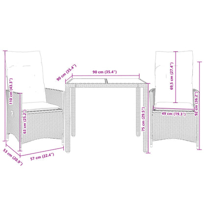 3-delige Bistroset met kussens poly rattan grijs