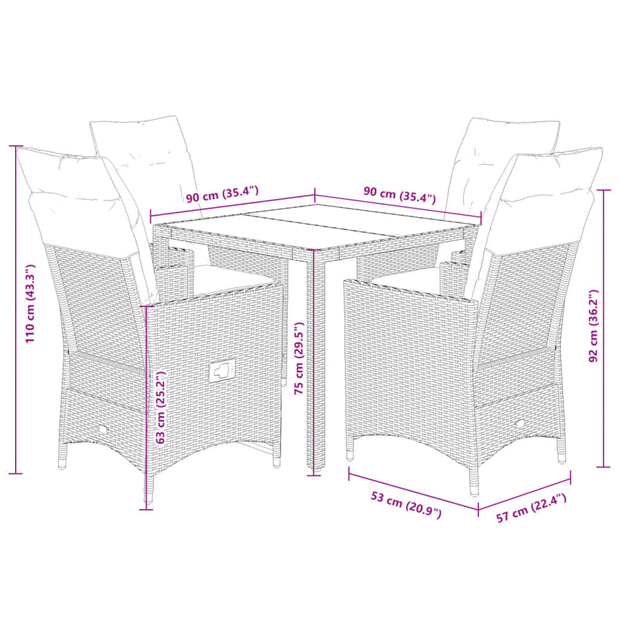 5-delige Tuinset met kussens poly rattan grijs