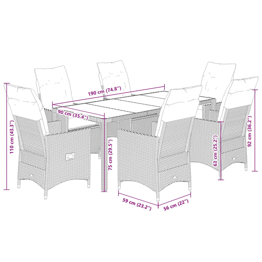 7-delige Tuinset met kussens poly rattan grijs