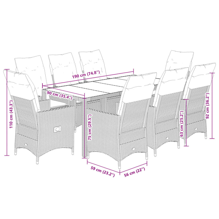 9-delige Tuinset met kussens poly rattan grijs