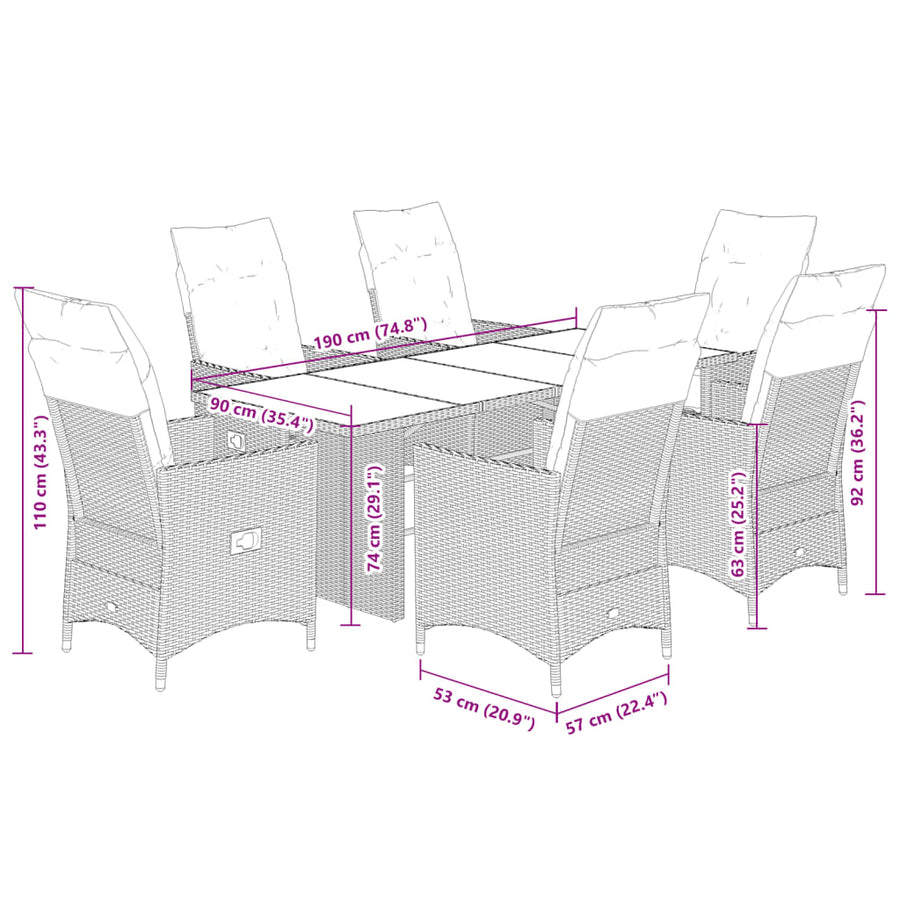 7-delige Tuinset met kussens poly rattan grijs