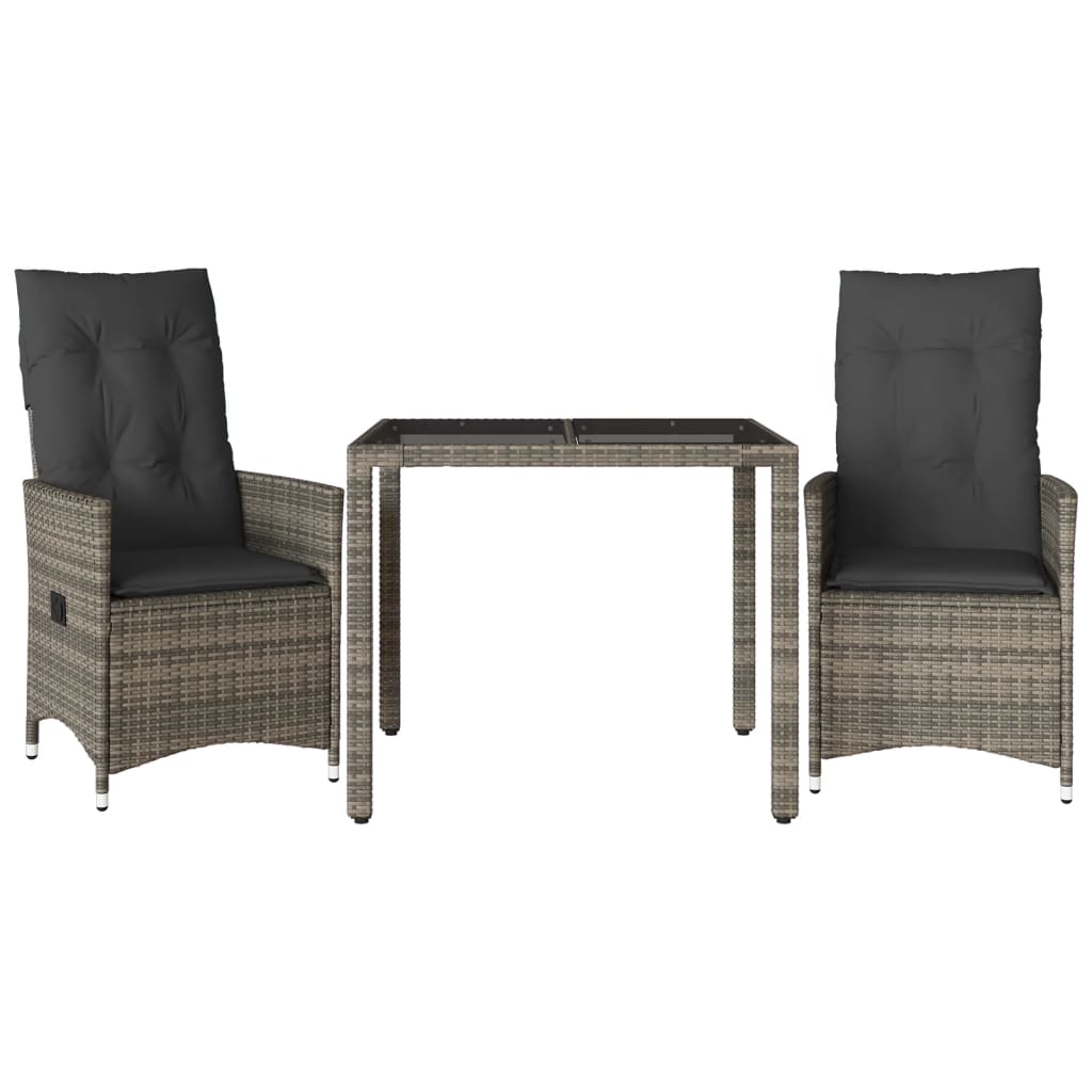 3-delige Bistroset met kussens poly rattan grijs