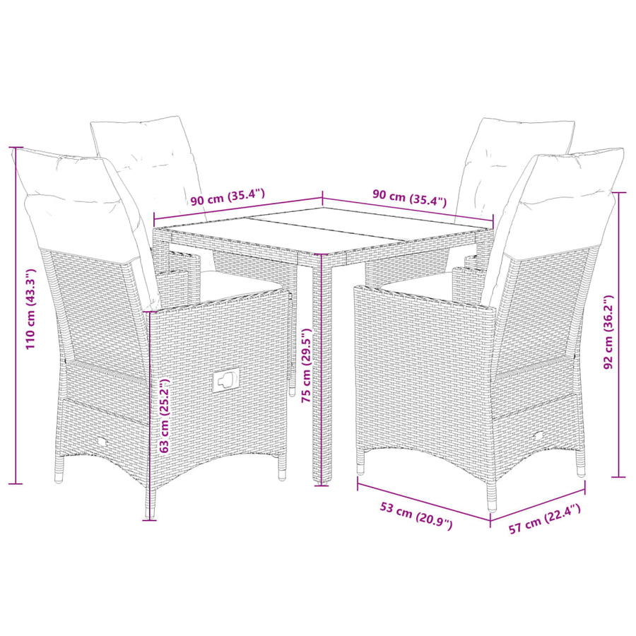 5-delige Tuinset met kussens poly rattan grijs
