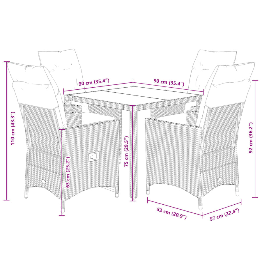 5-delige Tuinset met kussens poly rattan grijs