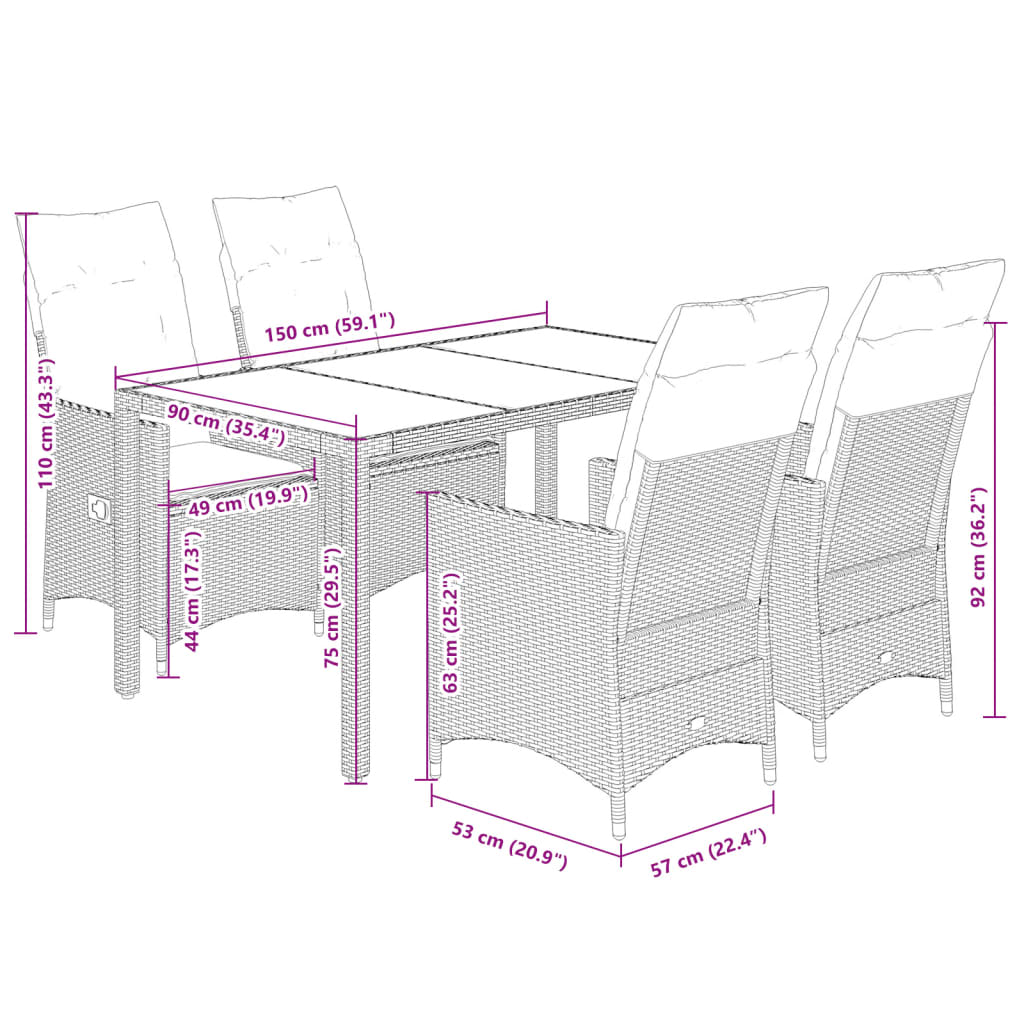 5-delige Tuinset met kussens poly rattan grijs