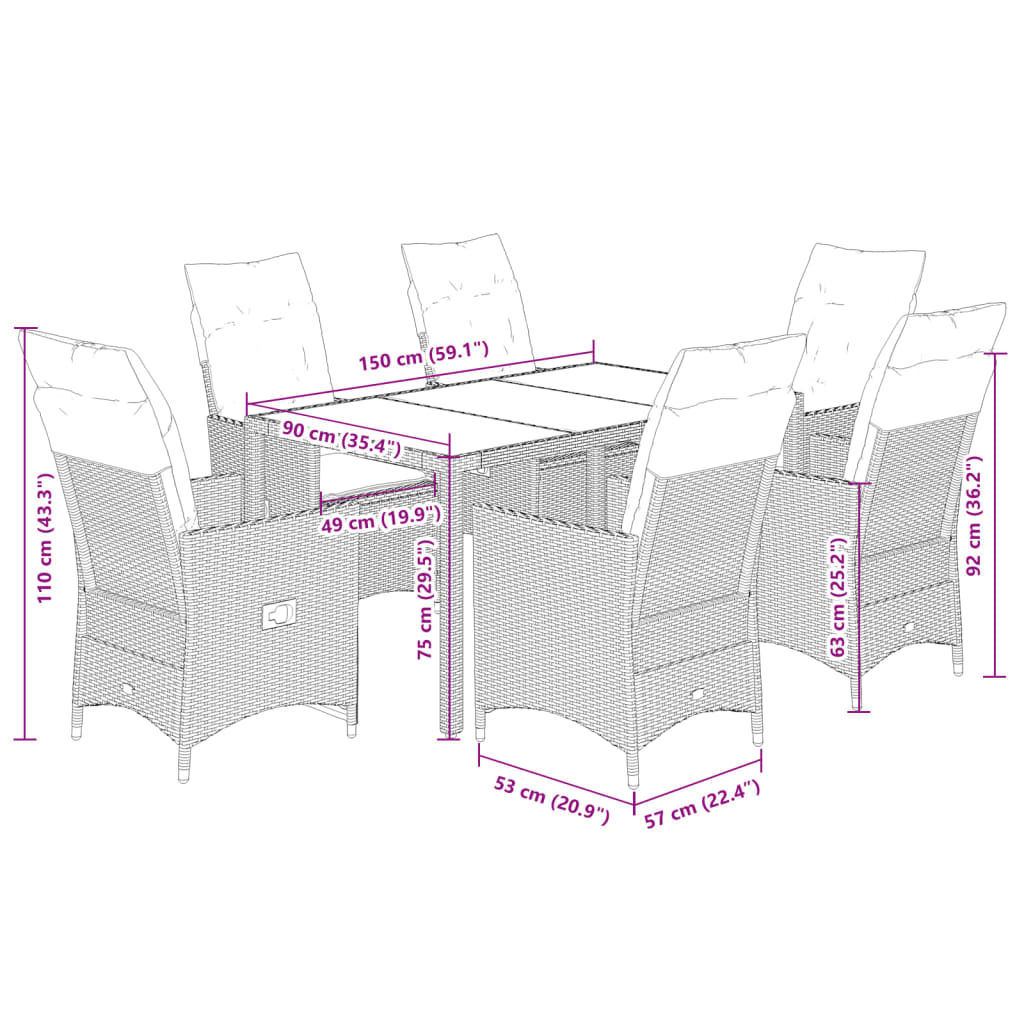 7-delige Tuinset met kussens poly rattan grijs