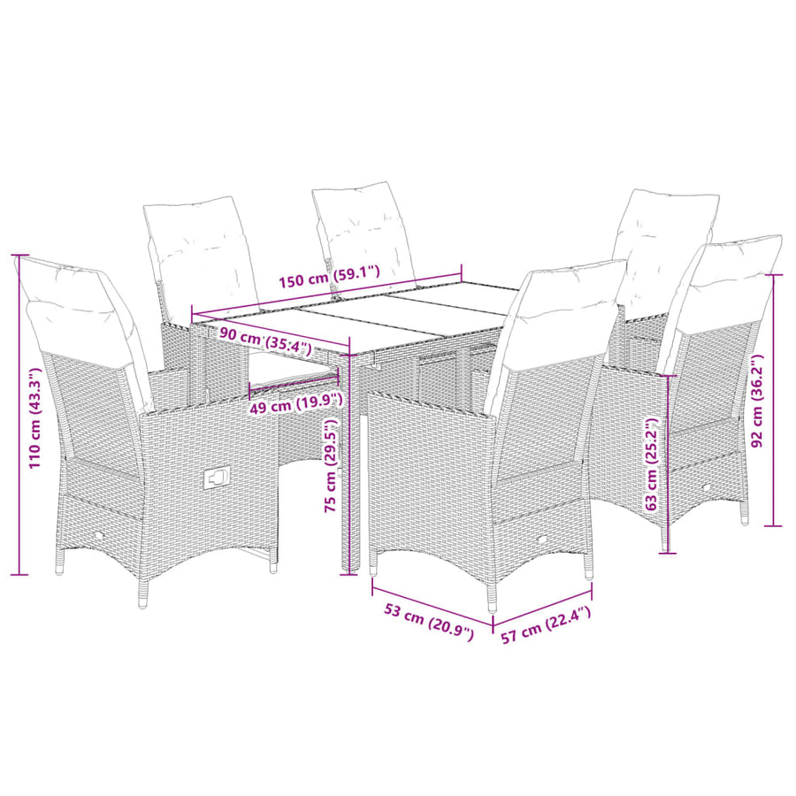 7-delige Tuinset met kussens poly rattan grijs