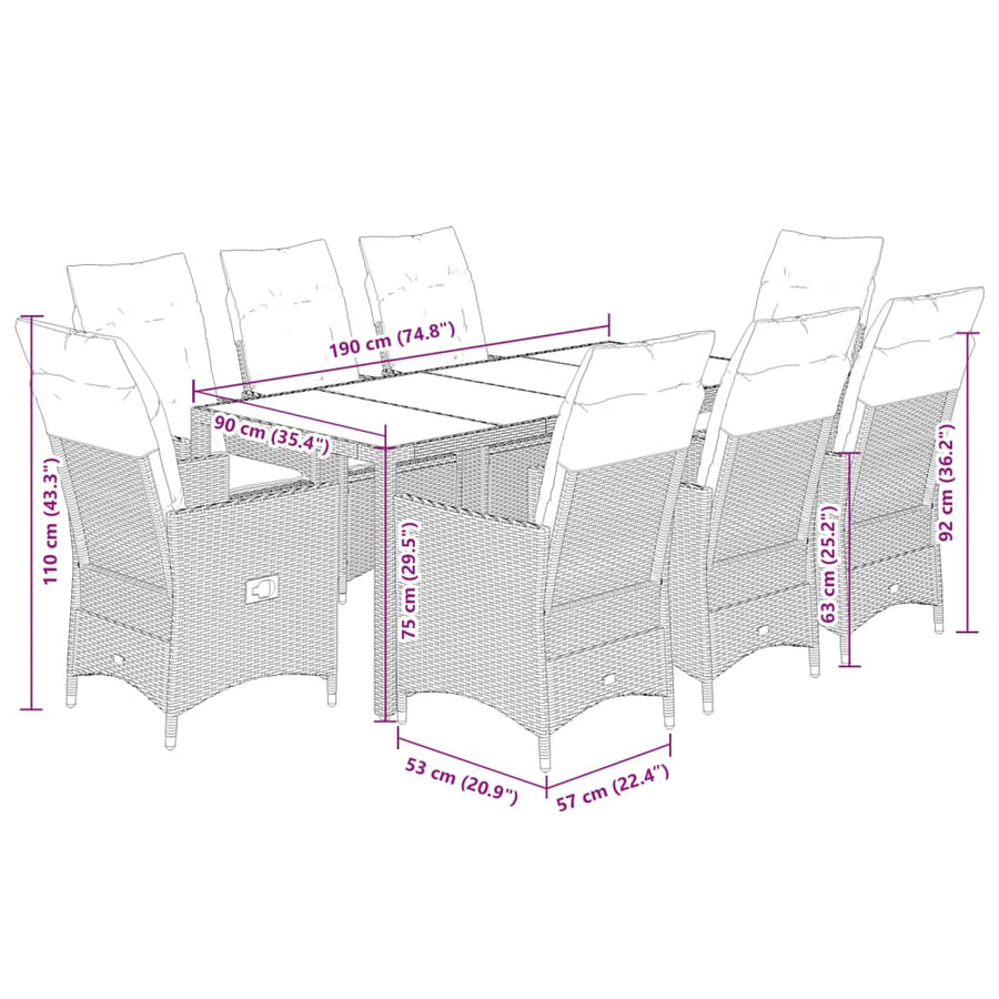 9-delige Tuinset met kussens poly rattan grijs