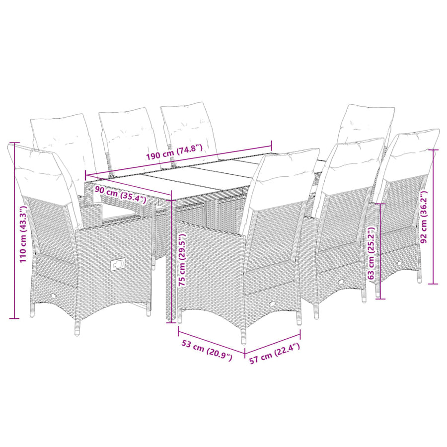 9-delige Tuinset met kussens poly rattan grijs