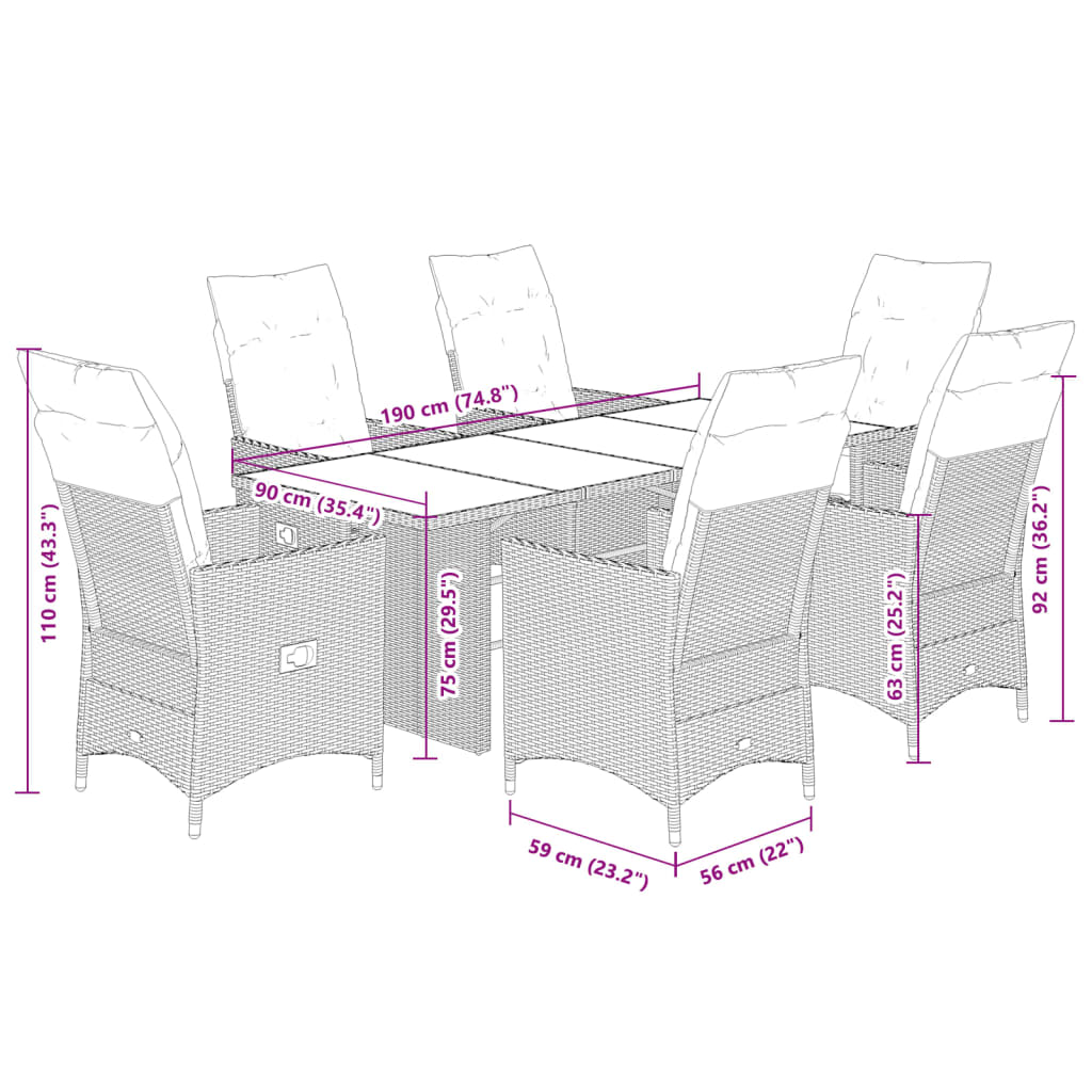 7-delige Tuinset met kussens poly rattan grijs