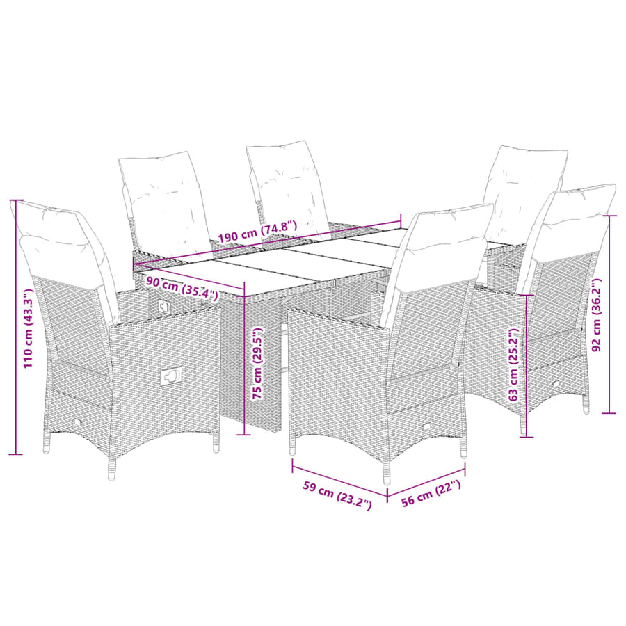 7-delige Tuinset met kussens poly rattan grijs
