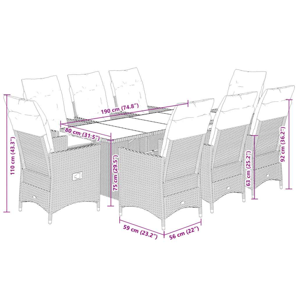 9-delige Tuinset met kussens poly rattan grijs