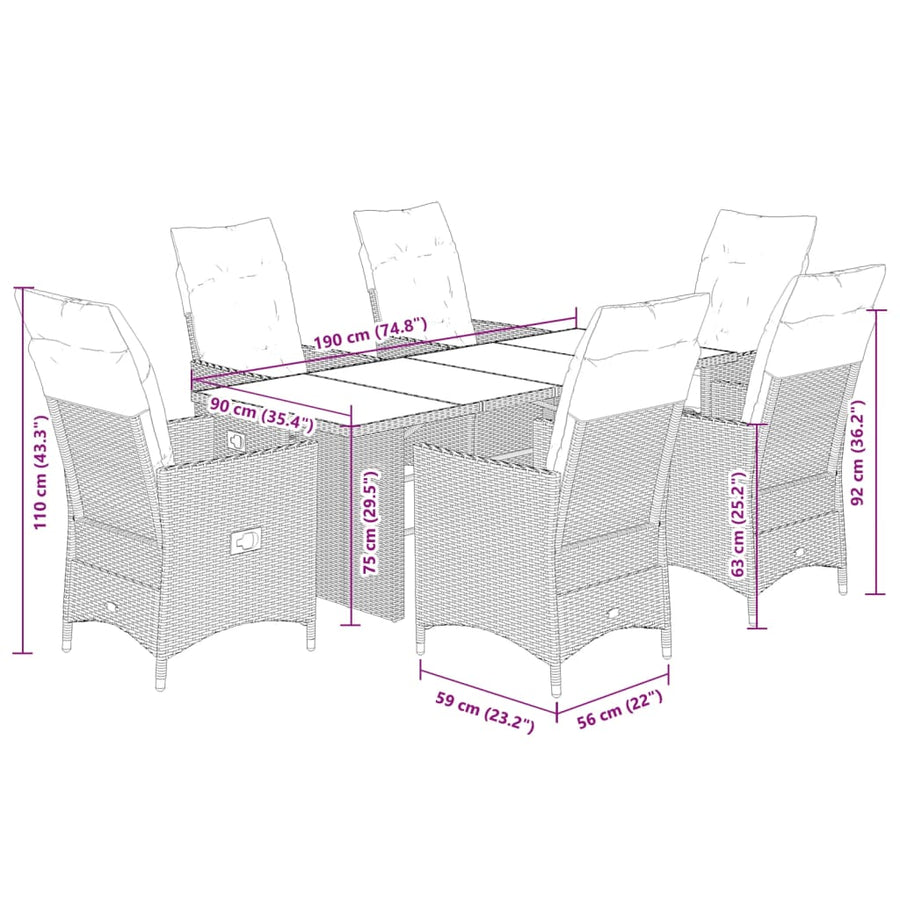 7-delige Tuinset met kussens poly rattan bruin