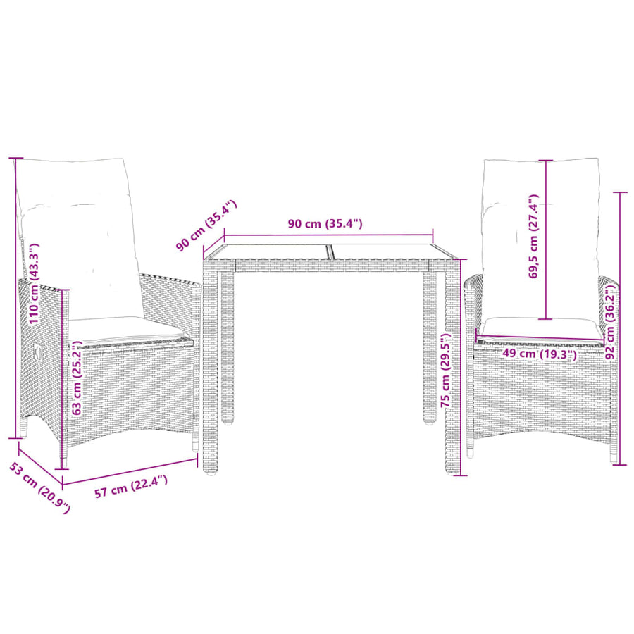 3-delige Bistroset met kussens poly rattan beige