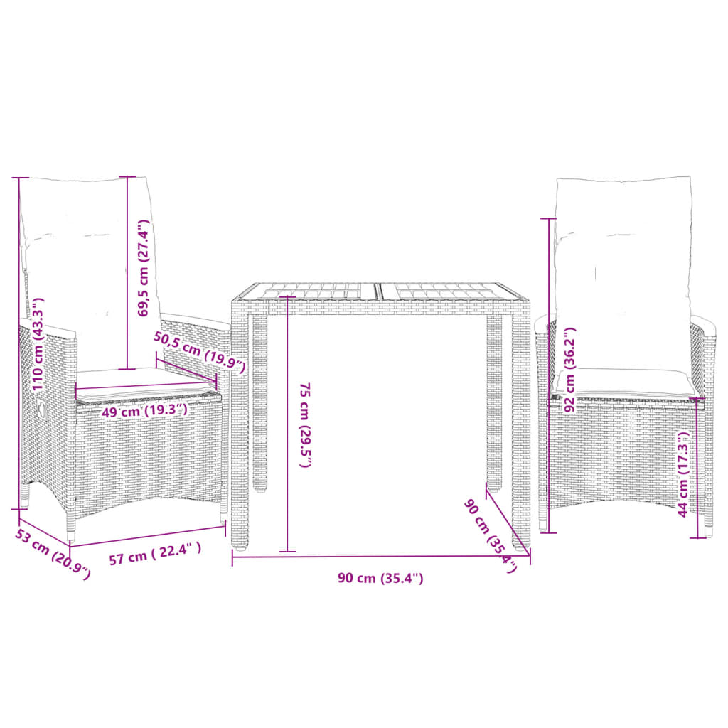 3-delige Bistroset met kussens poly rattan grijs