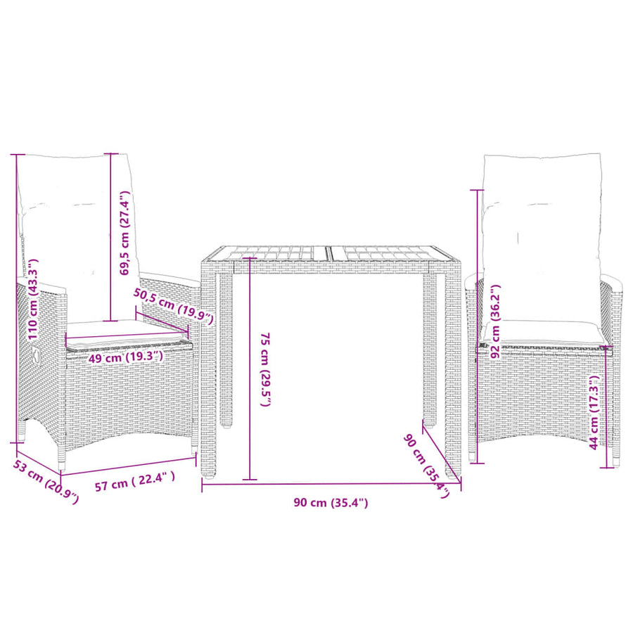 3-delige Bistroset met kussens poly rattan grijs