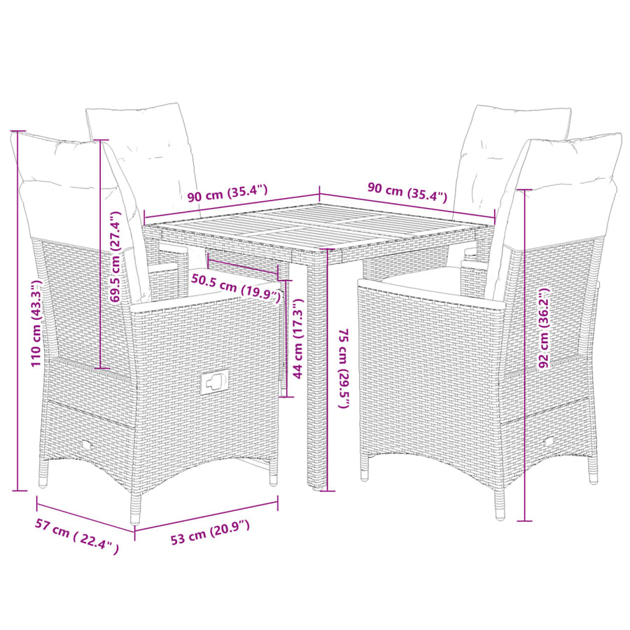 5-delige Tuinset met kussens poly rattan grijs